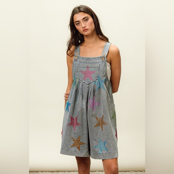 BiBi Star Rhinestone Washed Wide Leg Shortalls - Picture 5 of 14